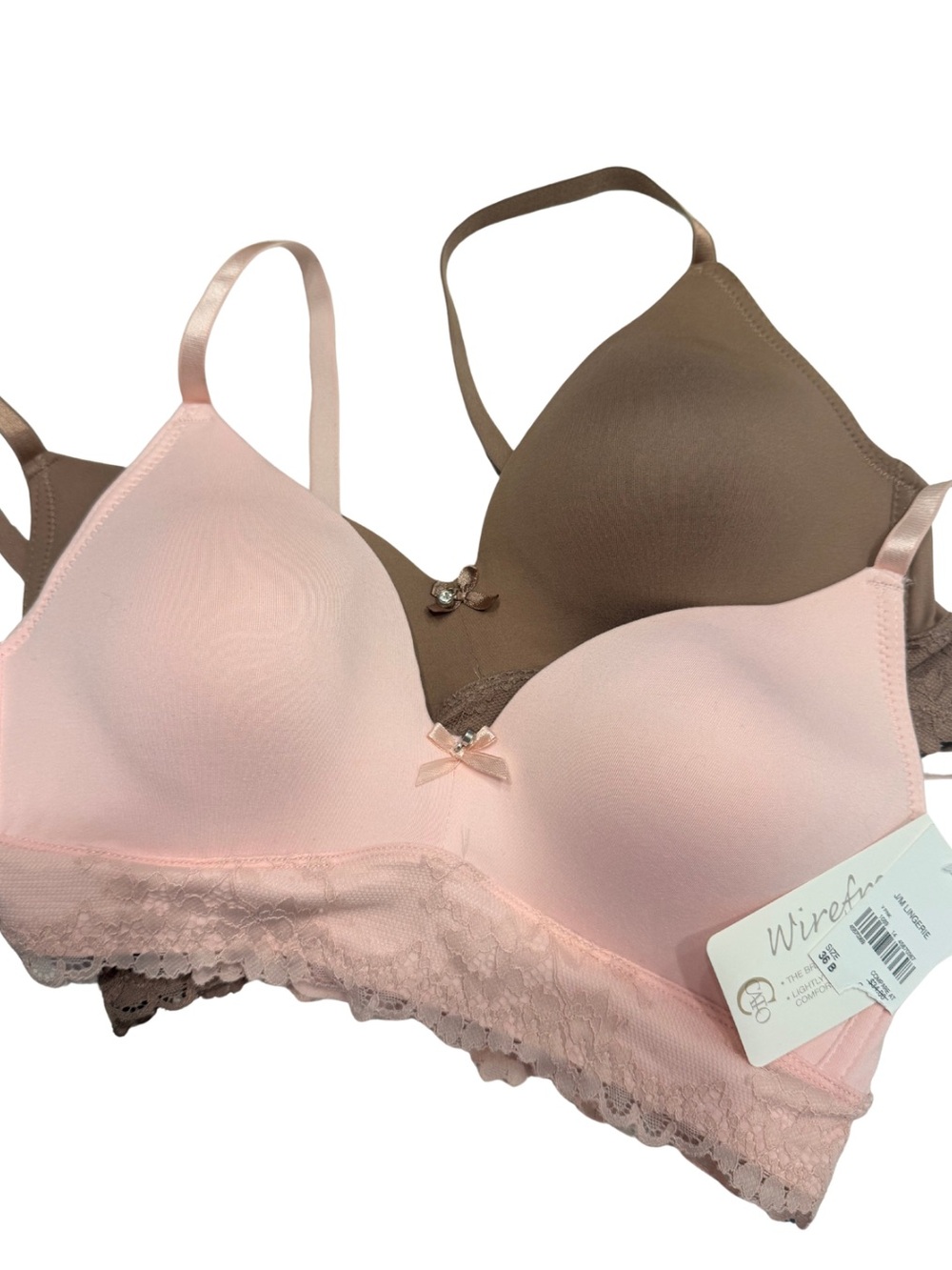 2 Piece Set Seamless Lace-Trim Wireless Bras— Chocolate and Pink, 36B